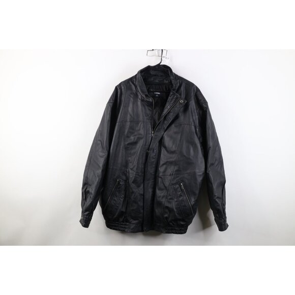 Vintage 90s Streetwear Mens 5XL Quilted Leather Full Zip Bomber Jacket Black